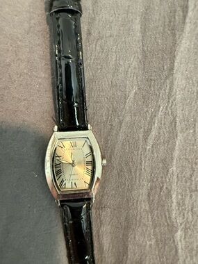 Anne Klein Black Patent Leather Strap Silver Tone Roman Dial Watch